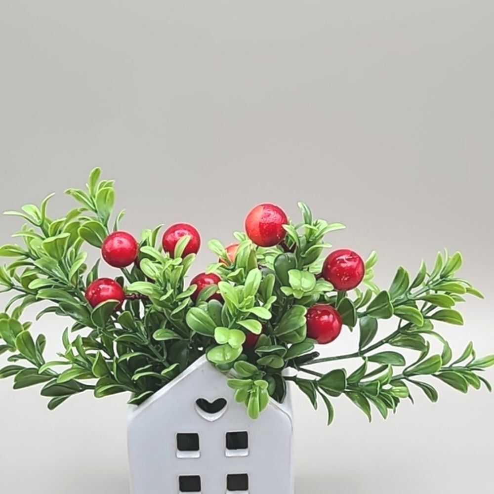 Little White House with Faux Plant & Red Berries, NWOT - Picture 3 of 4